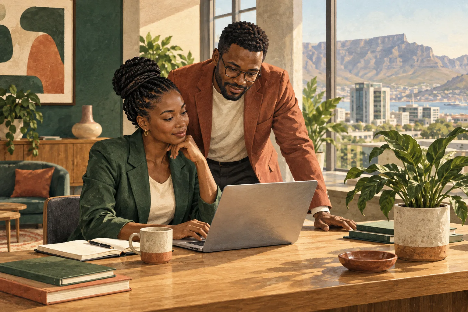 Editorial illustration of business professionals collaborating around a laptop