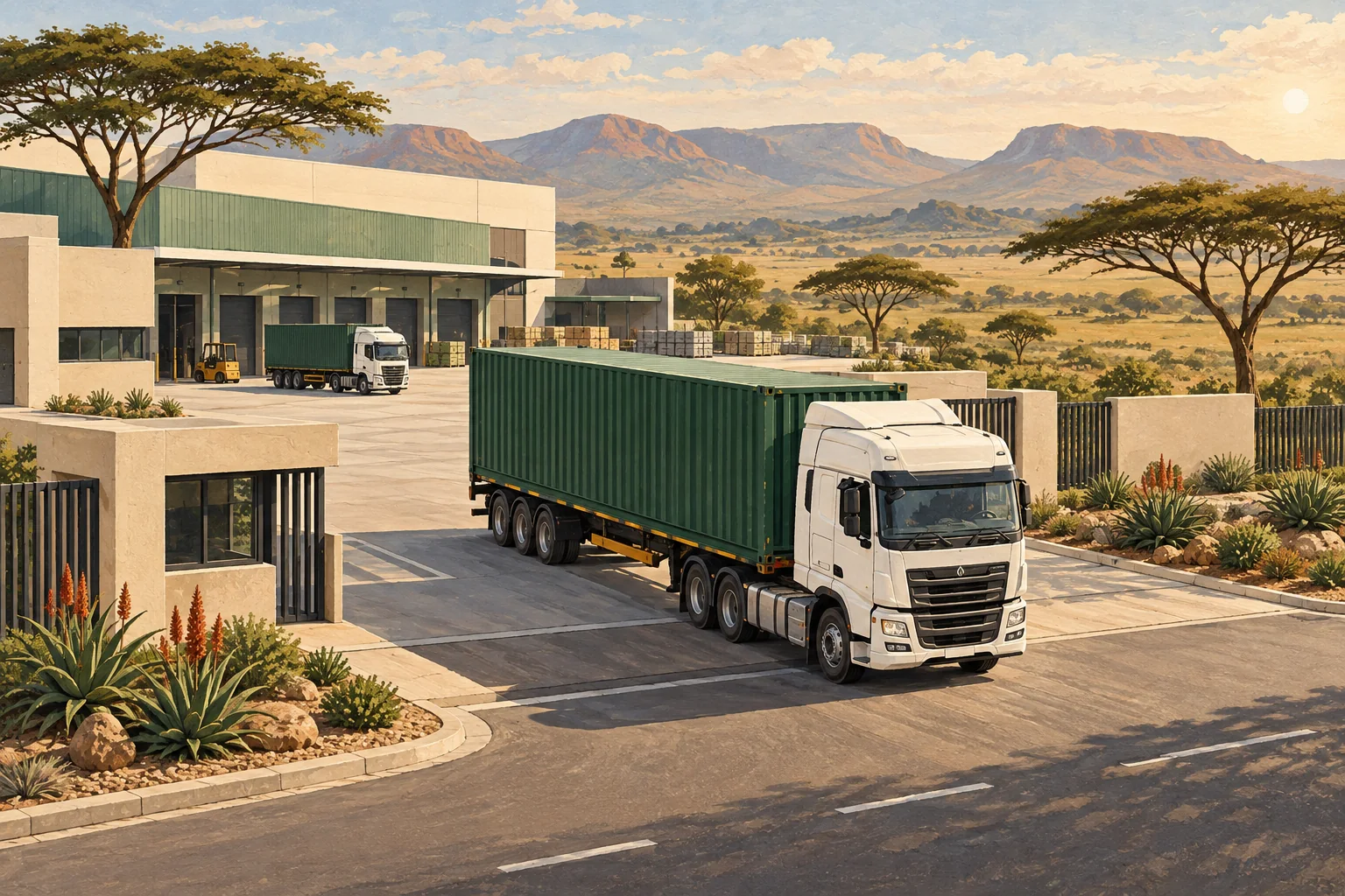 Editorial illustration of trucks at a southern African logistics depot